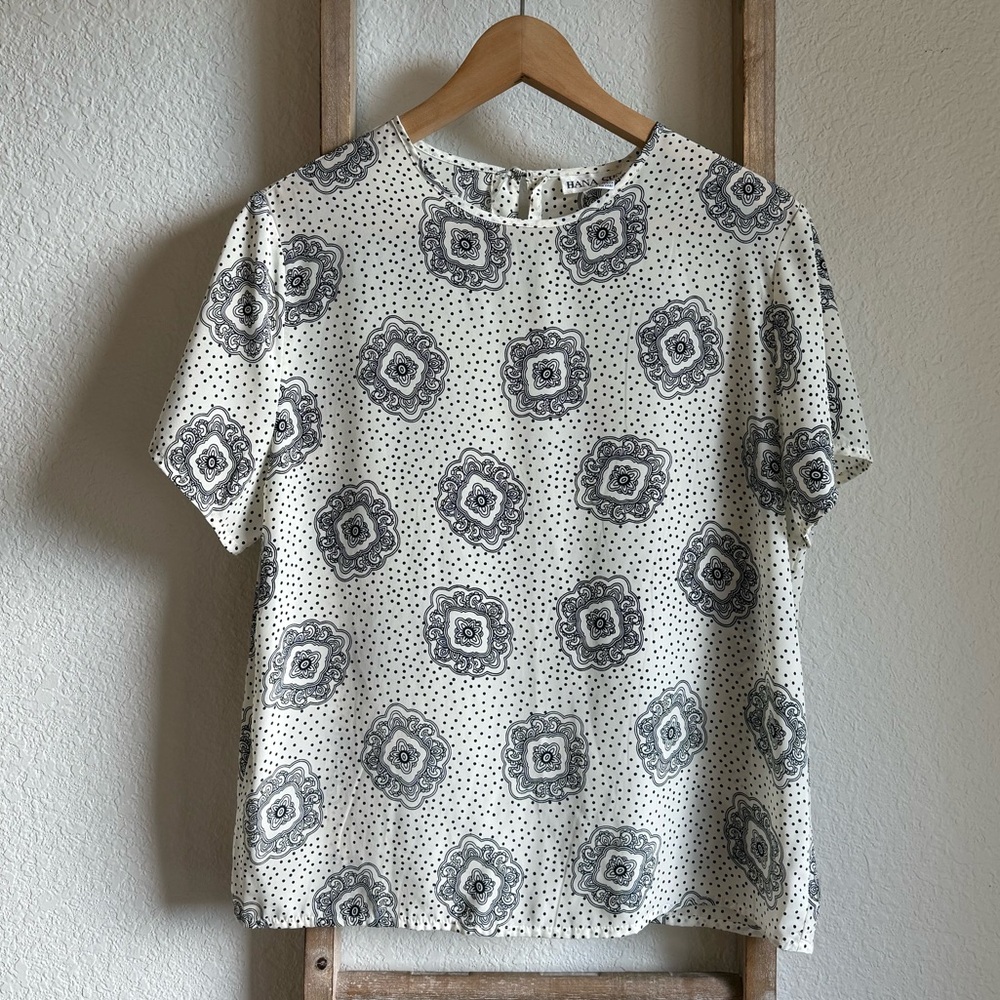 Hana Sung White & Black Polka Dot Retro Print Vintage Blouse Sz: Med